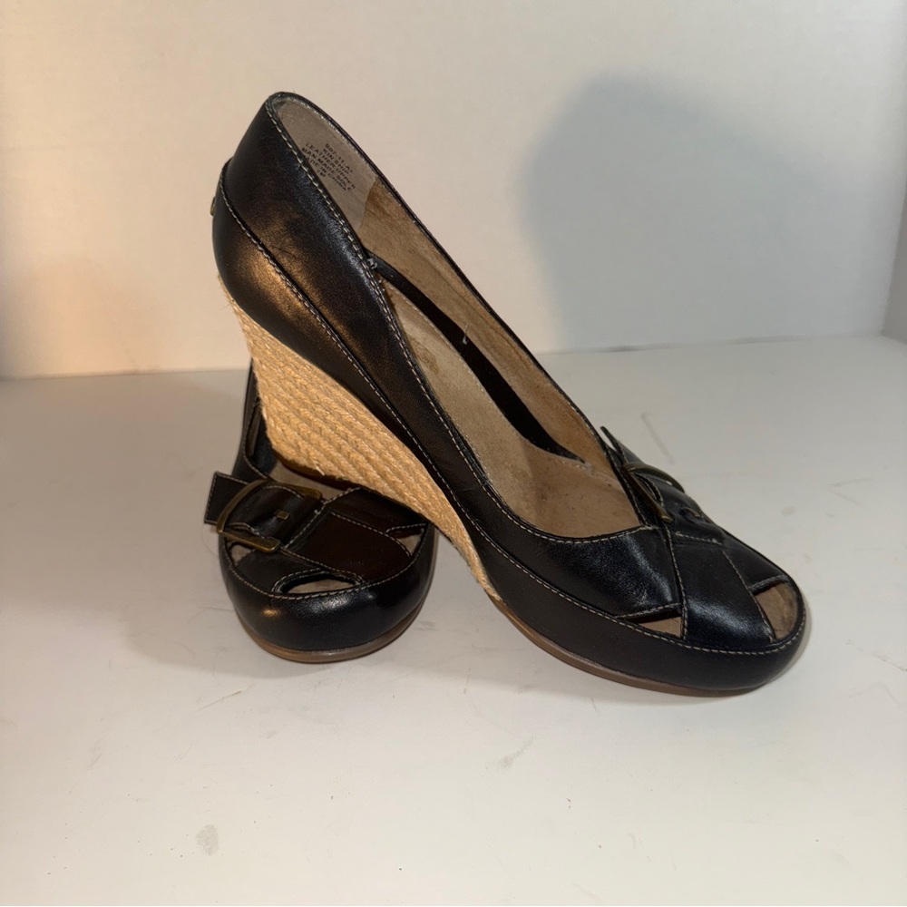 AEROSOLES Black Leather Wedges with Tan Woven Heel